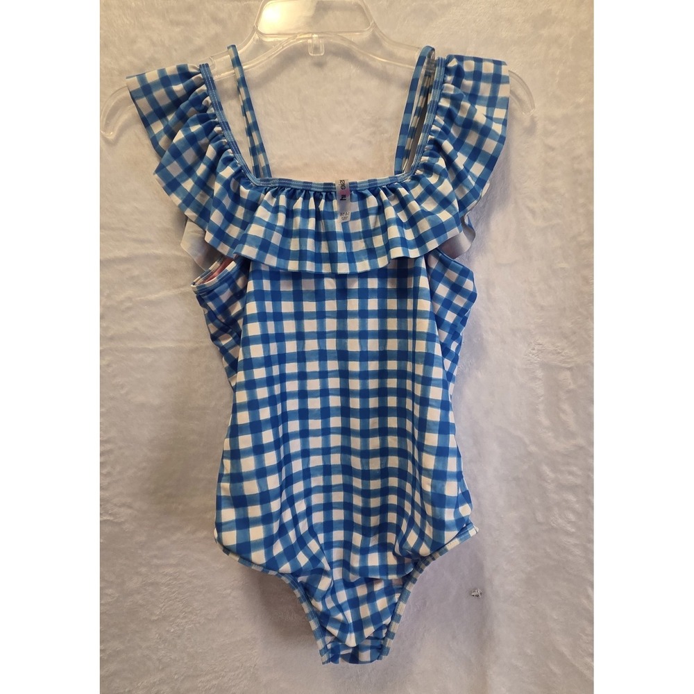 Kensie Girl One-Piece Swimsuit Girls 14/16 Blue/White Gingham Ruffle